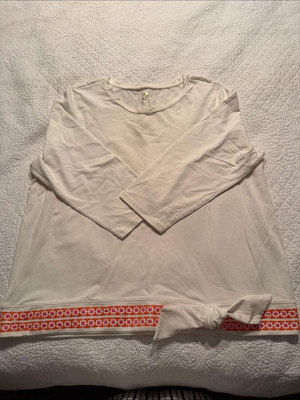 Spartina 449 White Long Sleeve Top with Colorful Embroidered Hem and Front Knot
